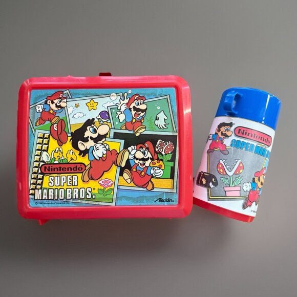 VTG 1988 Aladdin Super Mario Nintendo Plastic Lunchbox Thermos Cup Lunch Box RD - Picture 1 of 16